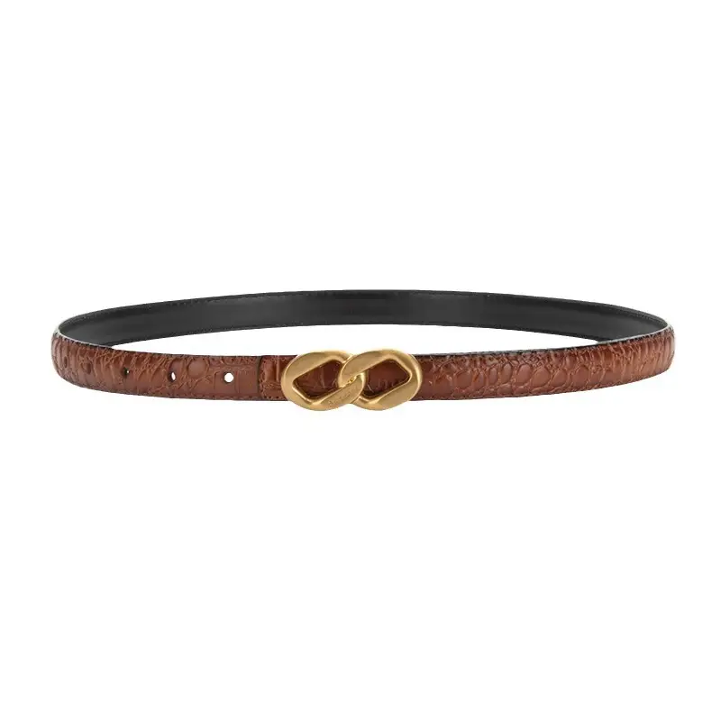 Gold Plated Women's Leather Belt with Double Chain Closure - Image 8