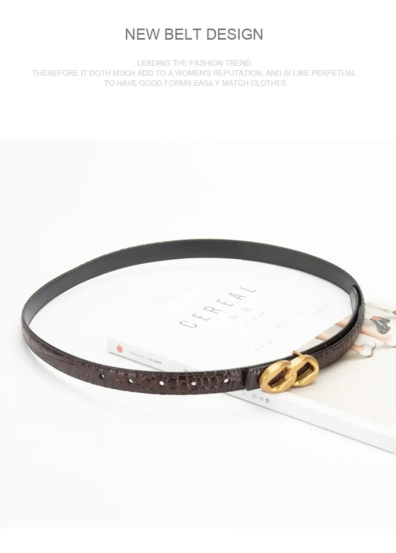 Gold Plated Women's Leather Belt with Double Chain Closure — feature 12