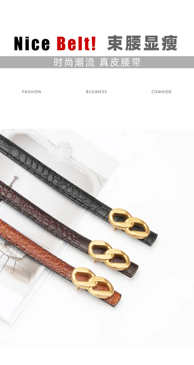 Gold Plated Women's Leather Belt with Double Chain Closure — feature 3