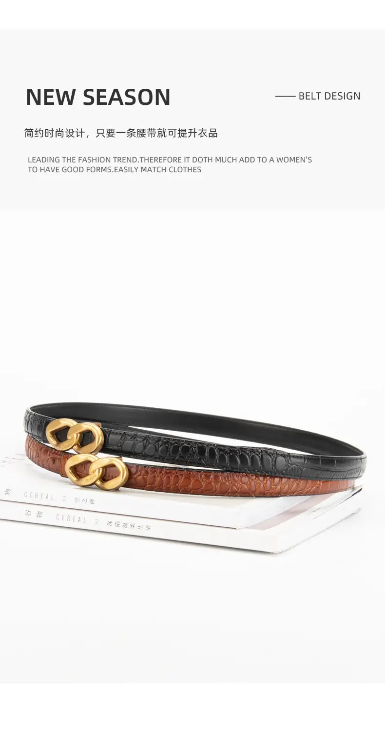 Gold Plated Women's Leather Belt with Double Chain Closure — feature 4