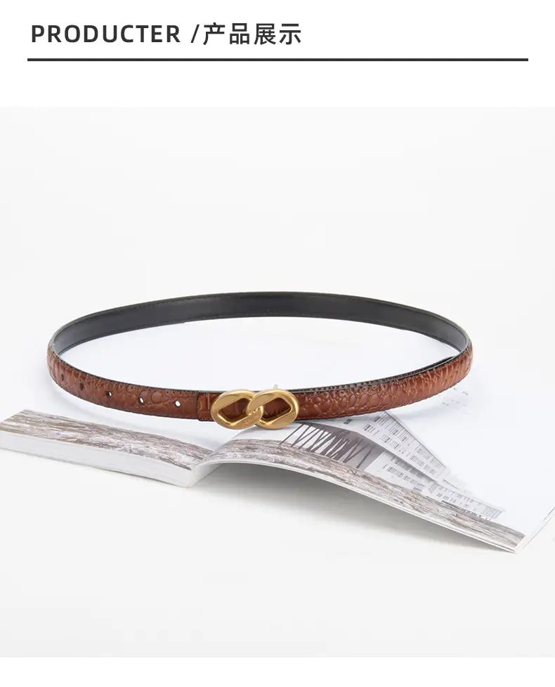 Gold Plated Women's Leather Belt with Double Chain Closure — feature 9