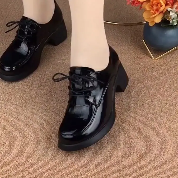 Women British Lace-up Mid-heel Shoes Black Thick Heel Autumn 2024 - Image 3