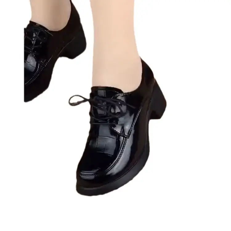 Women British Lace-up Mid-heel Shoes Black Thick Heel Autumn 2024 - Image 6