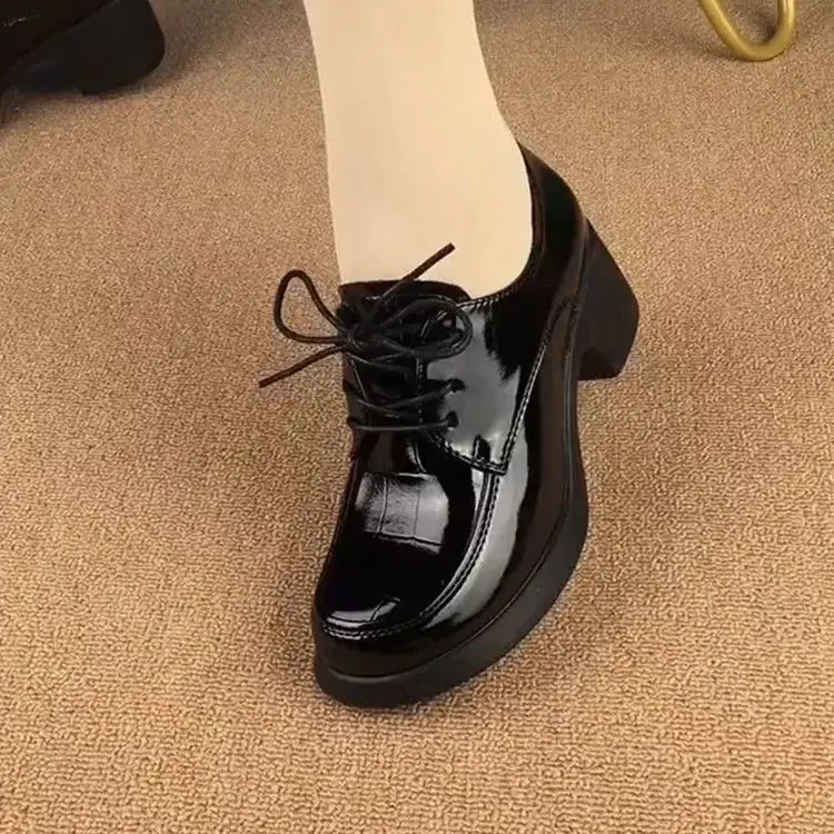 Women British Lace-up Mid-heel Shoes Black Thick Heel Autumn 2024 — feature 8
