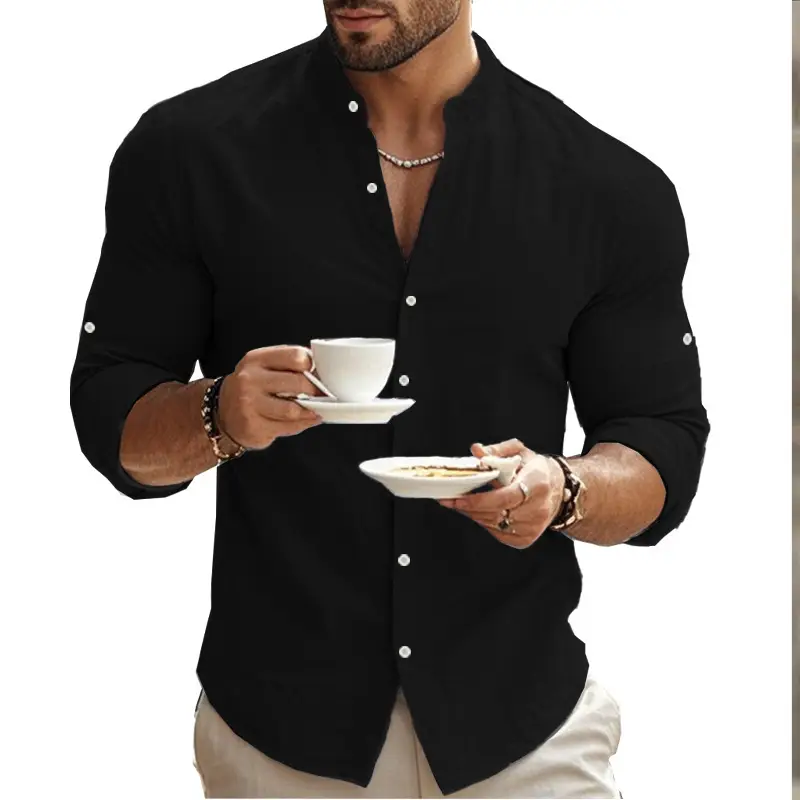 Men's Black Long Sleeve Button Down Shirt Large — feature 27