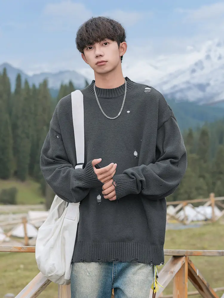 Men's Beige Hole Knit Sweatshirt Asymmetrical
