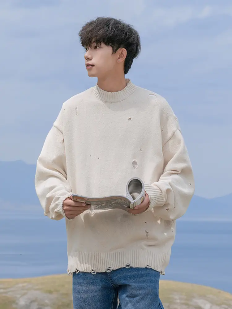 Men's Beige Hole Knit Sweatshirt Asymmetrical