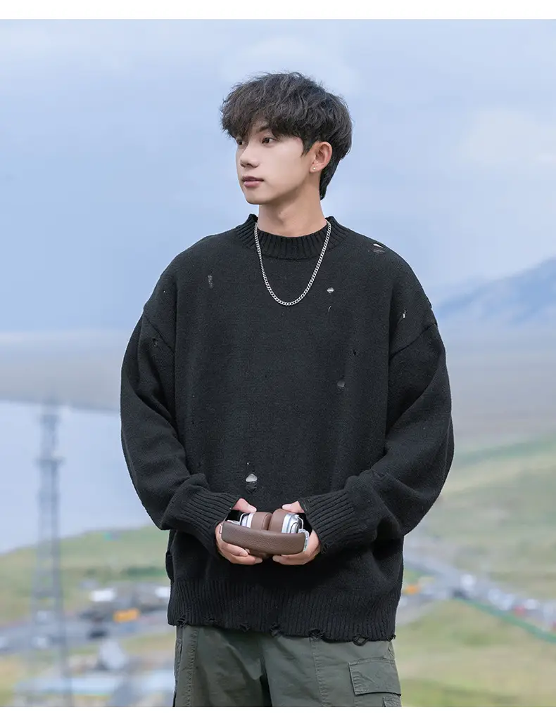 Men's Beige Hole Knit Sweatshirt Asymmetrical — feature 10