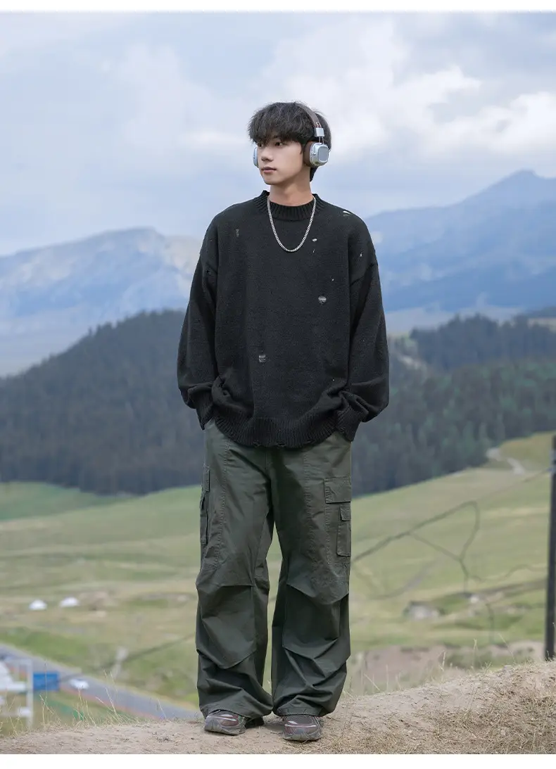 Men's Beige Hole Knit Sweatshirt Asymmetrical — feature 11