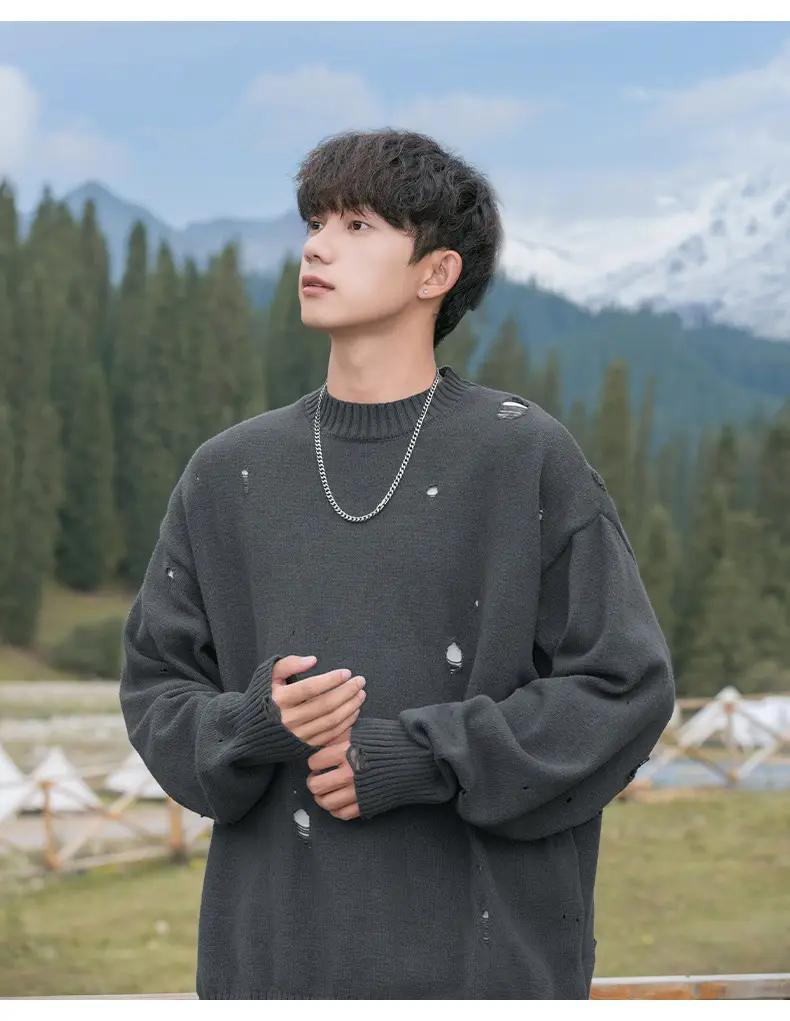 Men's Beige Hole Knit Sweatshirt Asymmetrical — feature 12