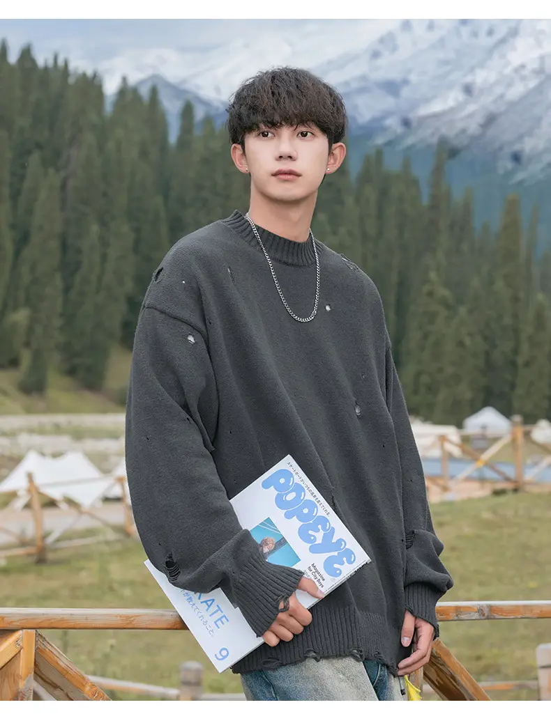 Men's Beige Hole Knit Sweatshirt Asymmetrical — feature 13