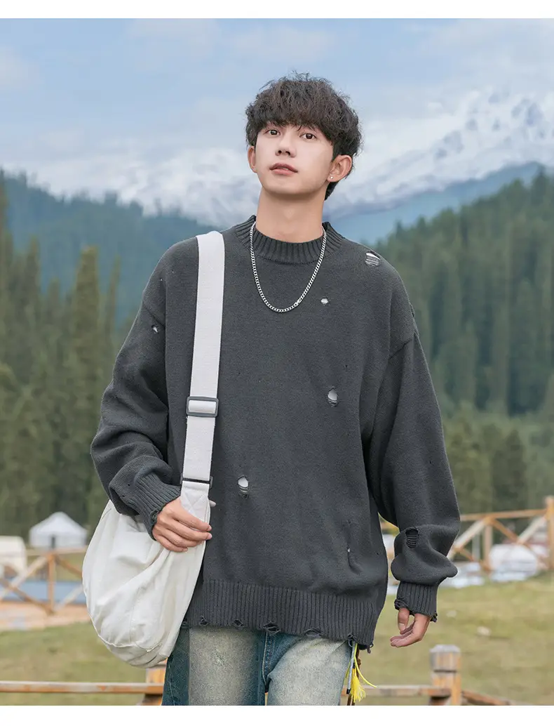 Men's Beige Hole Knit Sweatshirt Asymmetrical — feature 14