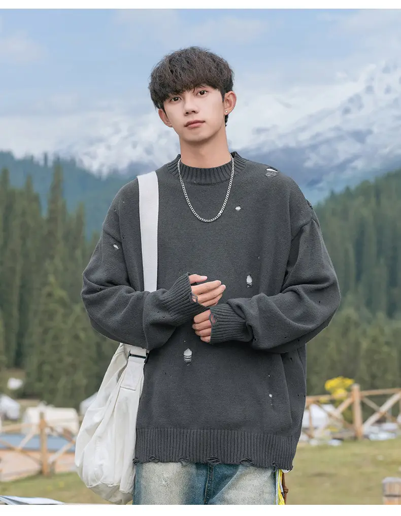 Men's Beige Hole Knit Sweatshirt Asymmetrical — feature 15