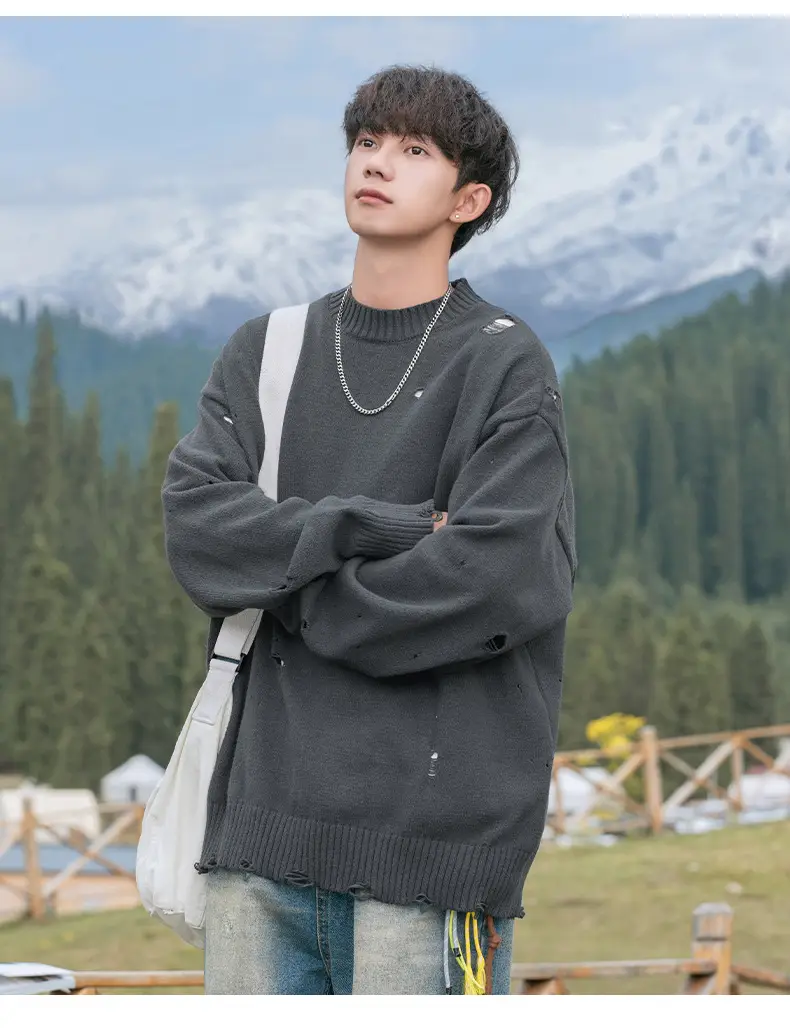 Men's Beige Hole Knit Sweatshirt Asymmetrical — feature 16