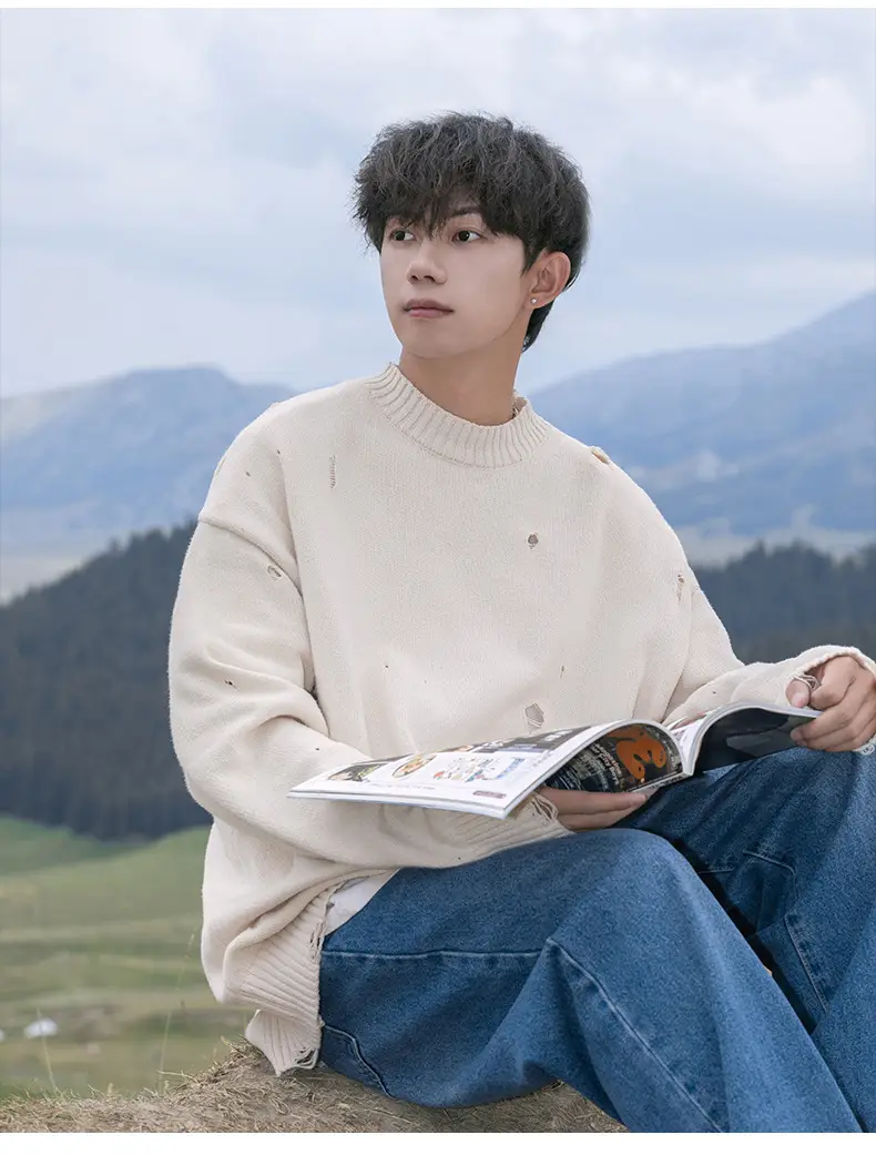 Men's Beige Hole Knit Sweatshirt Asymmetrical — feature 17
