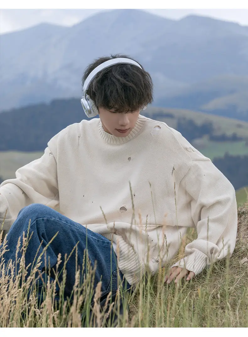 Men's Beige Hole Knit Sweatshirt Asymmetrical — feature 18