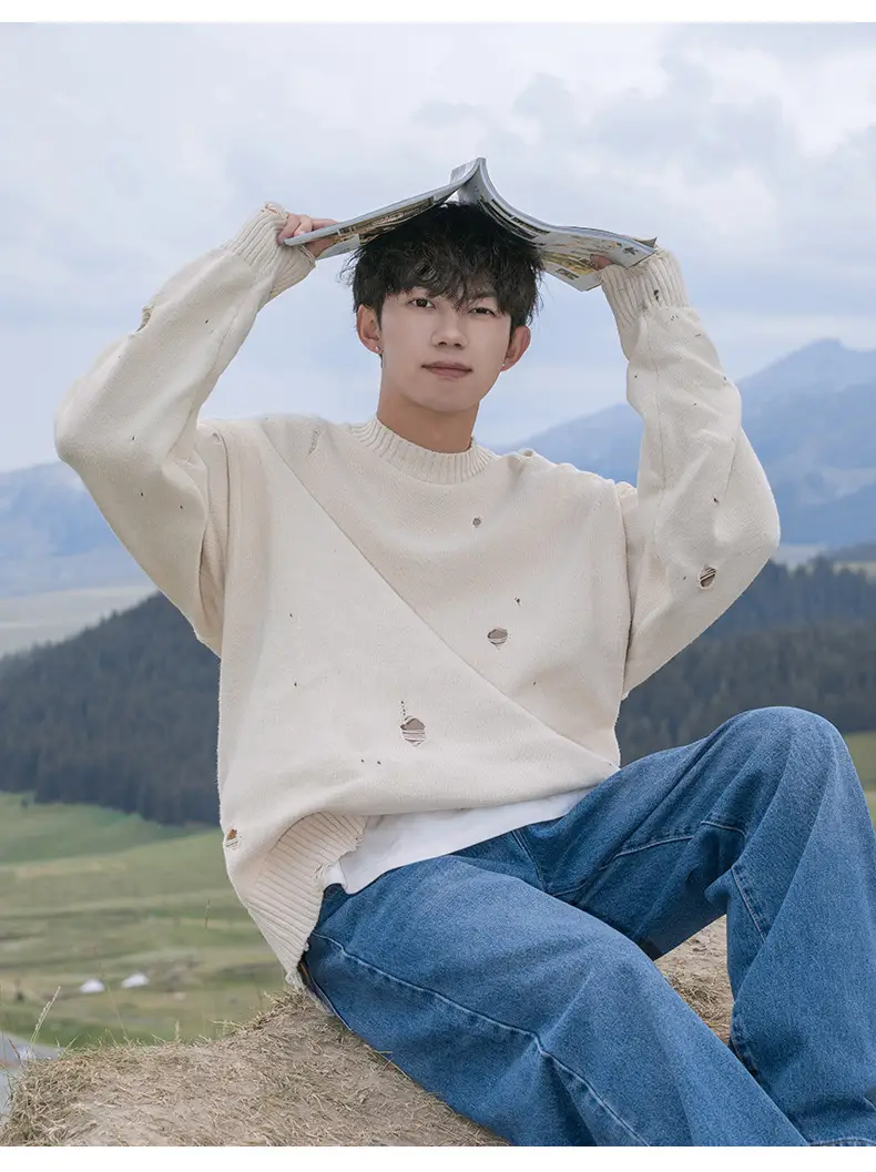 Men's Beige Hole Knit Sweatshirt Asymmetrical — feature 19