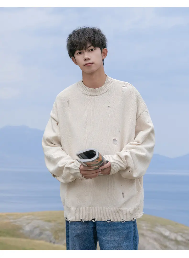 Men's Beige Hole Knit Sweatshirt Asymmetrical — feature 20