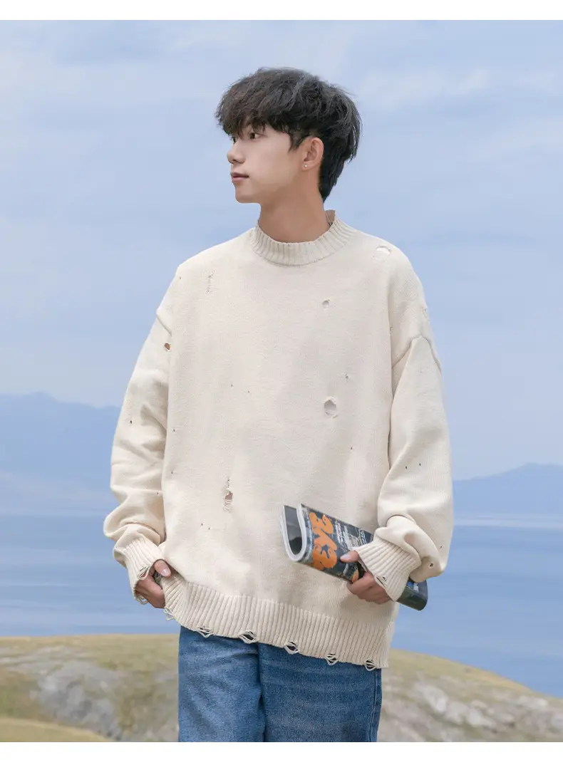 Men's Beige Hole Knit Sweatshirt Asymmetrical — feature 21
