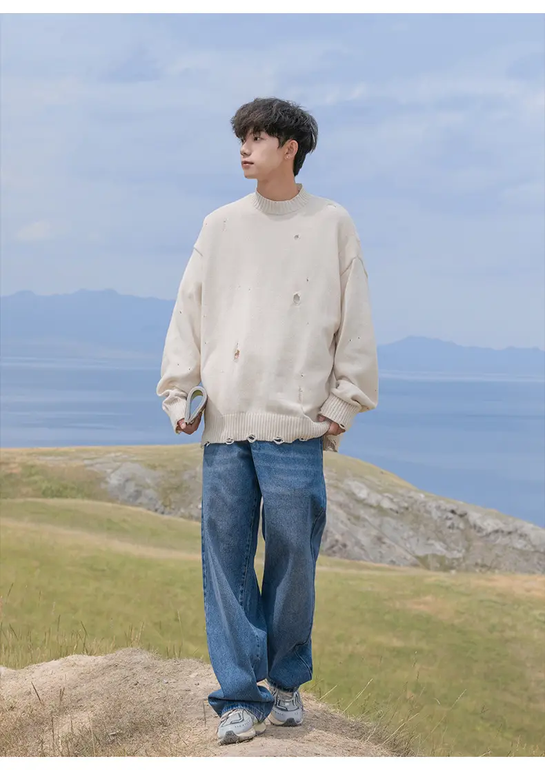 Men's Beige Hole Knit Sweatshirt Asymmetrical — feature 22