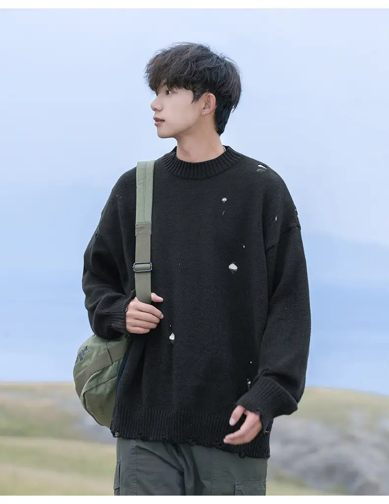 Men's Beige Hole Knit Sweatshirt Asymmetrical — feature 8