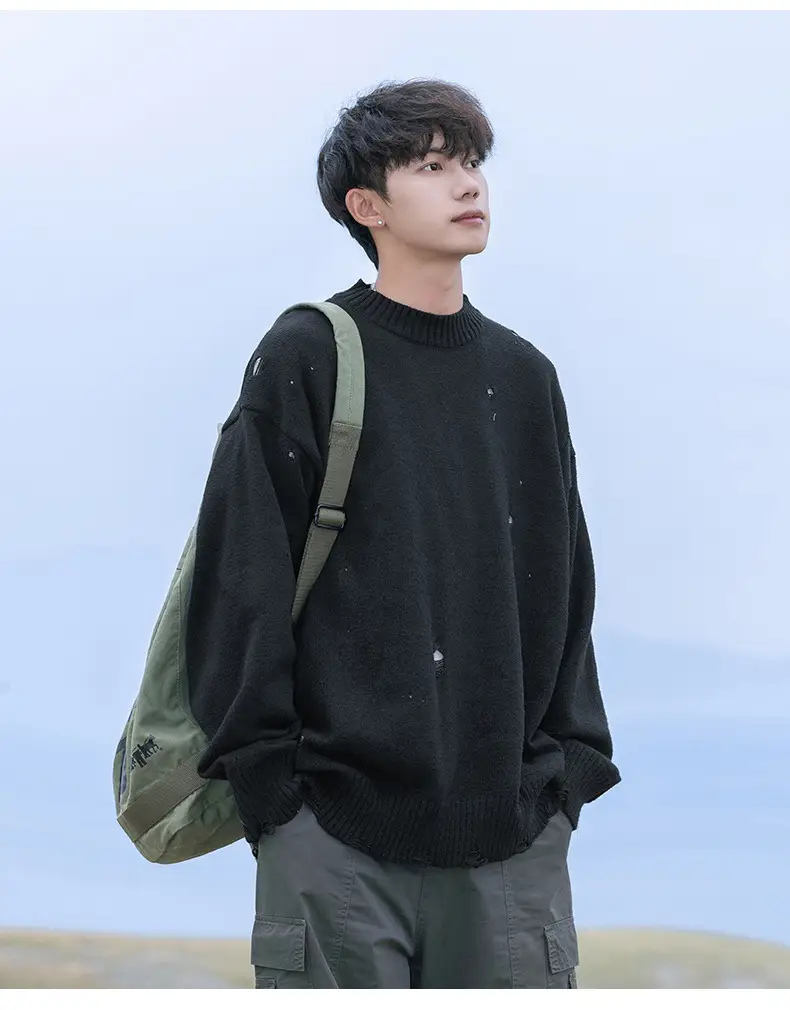 Men's Beige Hole Knit Sweatshirt Asymmetrical — feature 9
