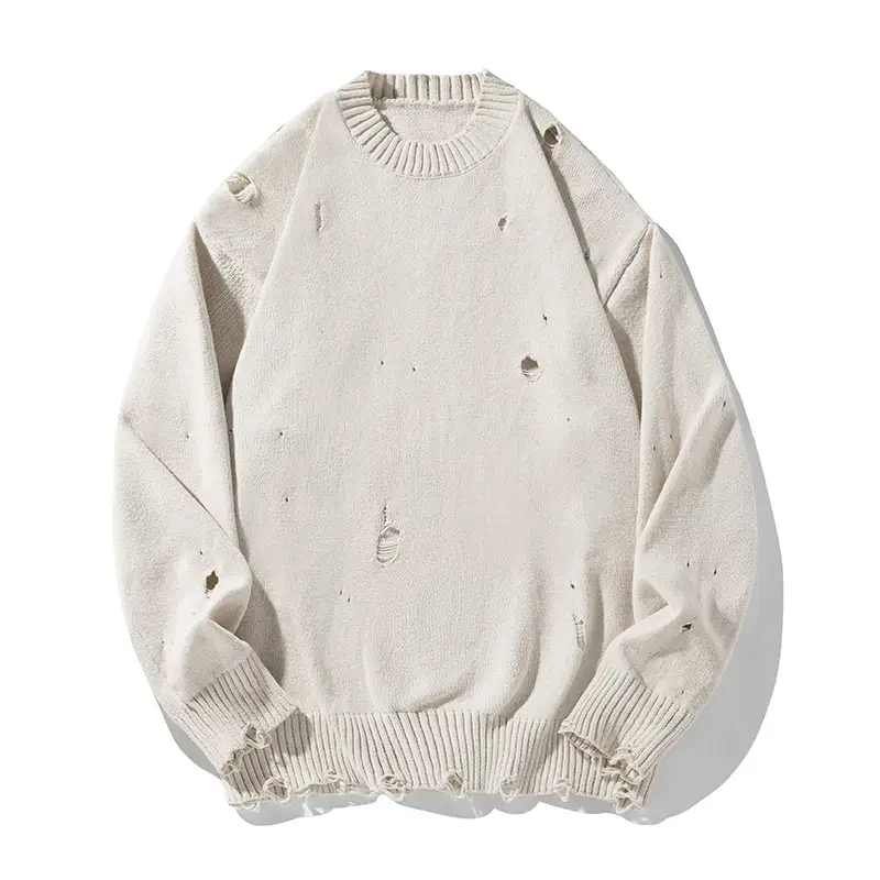 Men's Beige Hole Knit Sweatshirt Asymmetrical