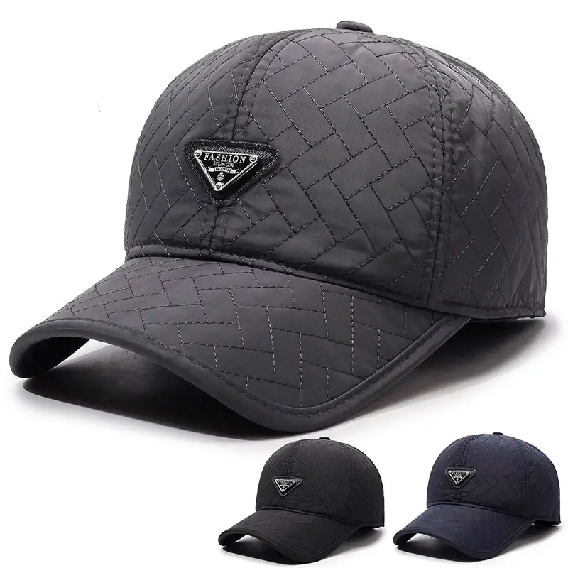 Men Winter Quilted Baseball Cap Navy Fleece Lined - Image 4
