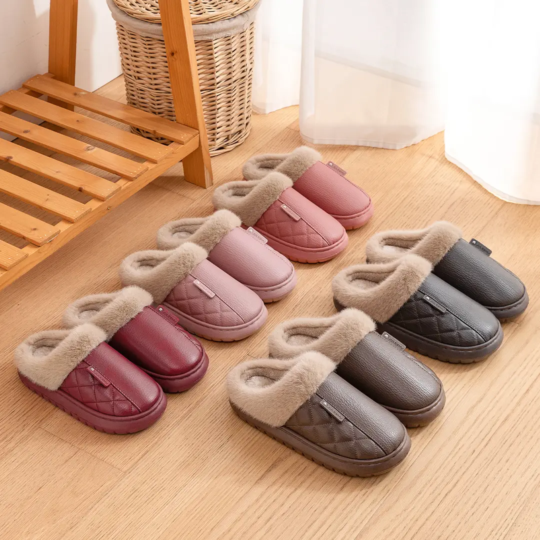 Leather Cotton Slippers for Men, Autumn and Winter 2026 New Style, Indoor Home Couple's Thick-Soled Non-Slip Waterproof Cotton Slippers for Women