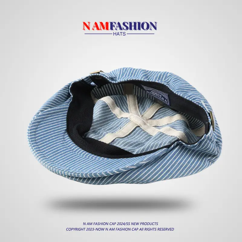 Women's Blue Striped Cotton Hat with Metal Buckle - Image 5