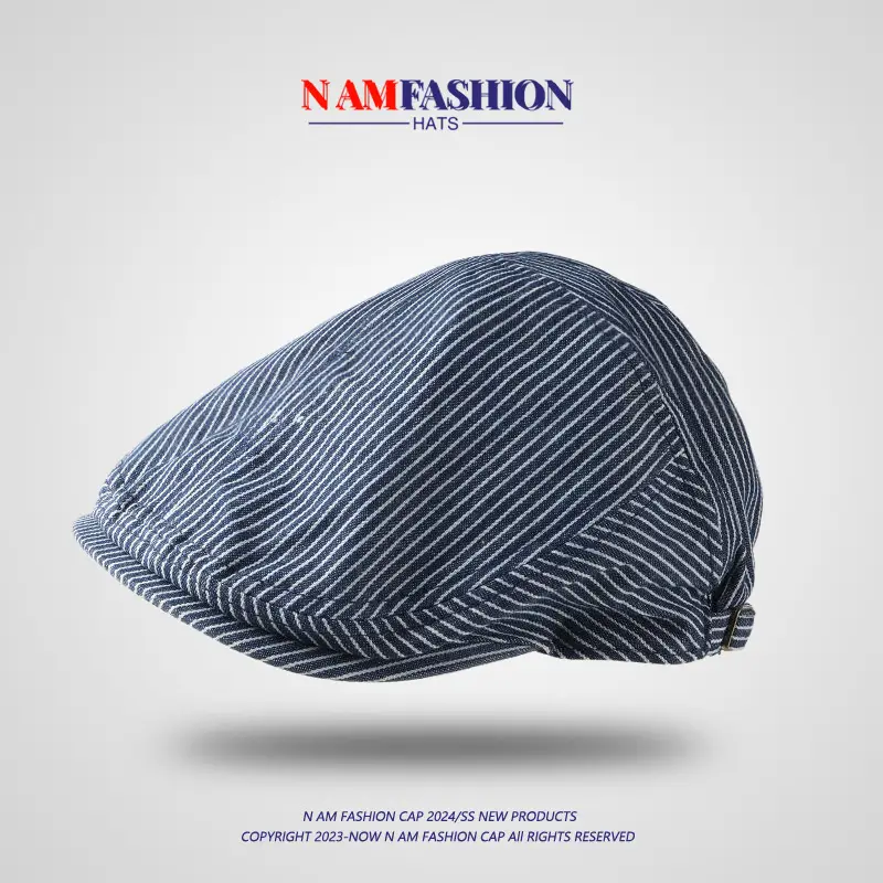 Women's Blue Striped Cotton Hat with Metal Buckle - Image 7