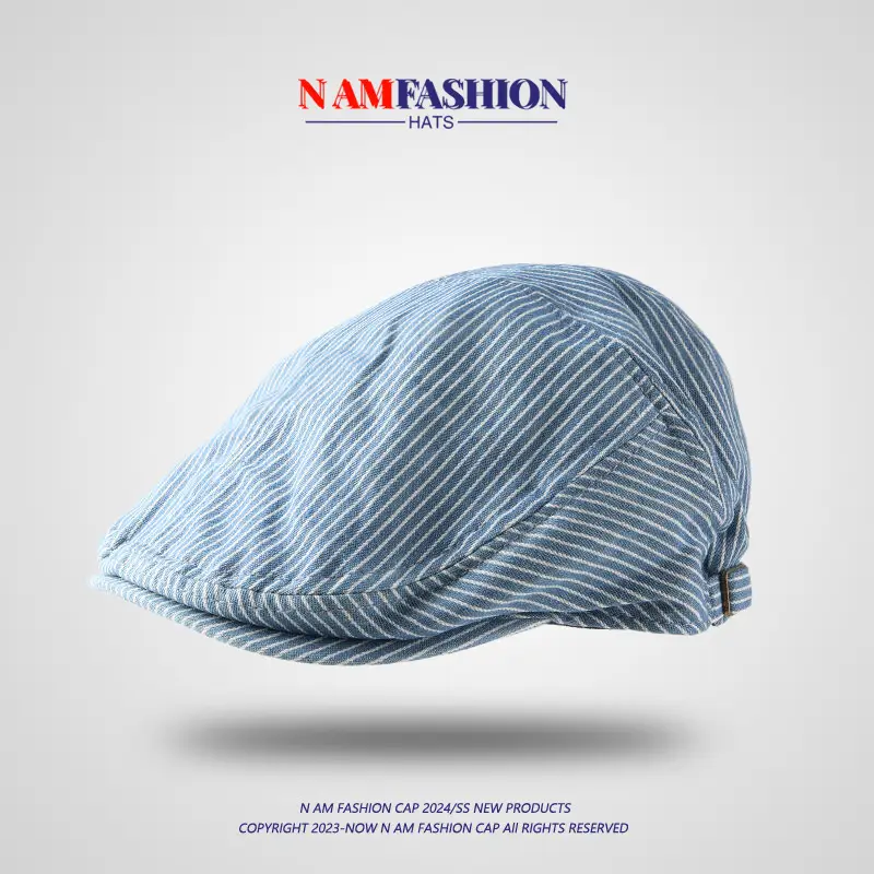 Women's Blue Striped Cotton Hat with Metal Buckle — feature 1
