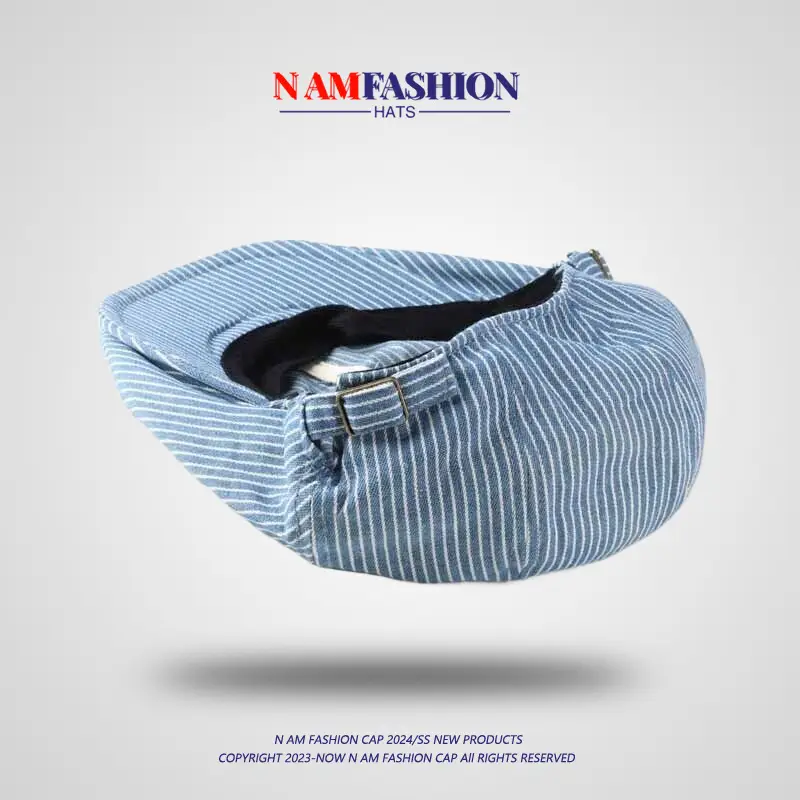 Women's Blue Striped Cotton Hat with Metal Buckle — feature 10
