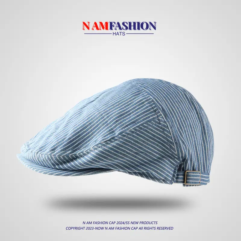 Women's Blue Striped Cotton Hat with Metal Buckle — feature 11