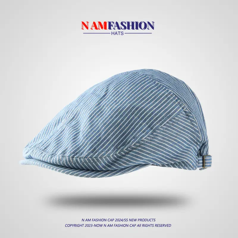 Women's Blue Striped Cotton Hat with Metal Buckle — feature 12