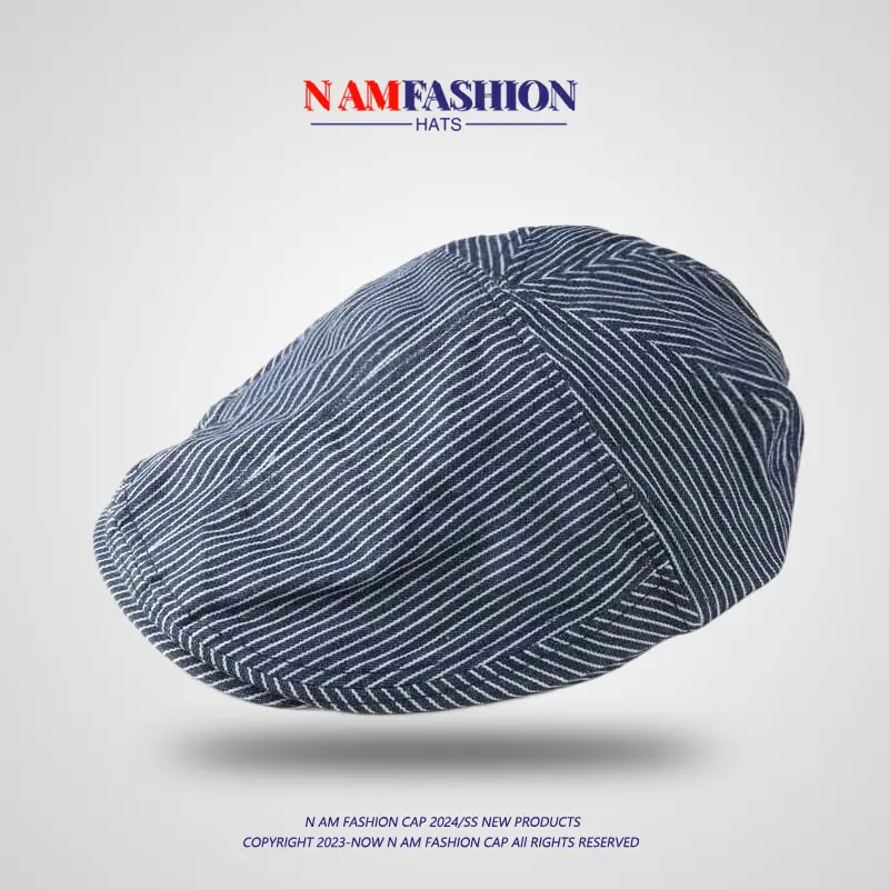 Women's Blue Striped Cotton Hat with Metal Buckle — feature 5