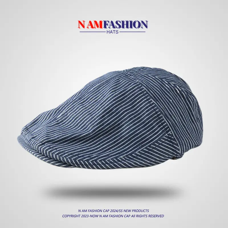 Women's Blue Striped Cotton Hat with Metal Buckle — feature 6