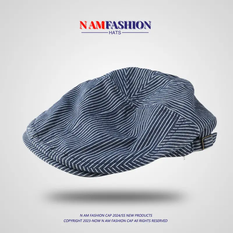 Women's Blue Striped Cotton Hat with Metal Buckle — feature 7