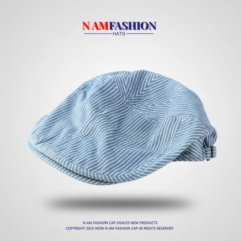 Women's Blue Striped Cotton Hat with Metal Buckle — feature 8