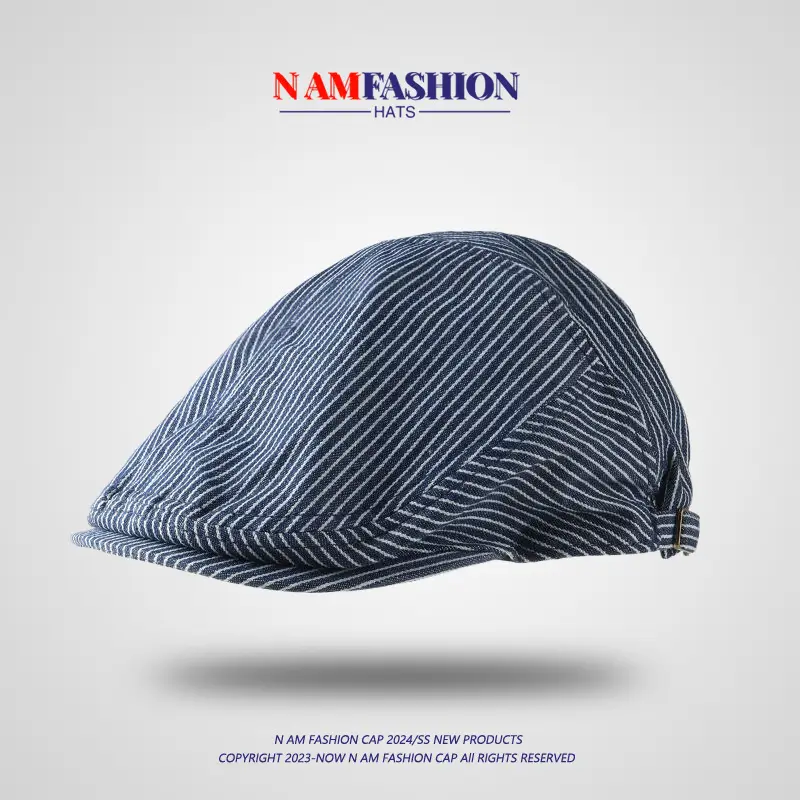 Women's Blue Striped Cotton Hat with Metal Buckle - Image 2