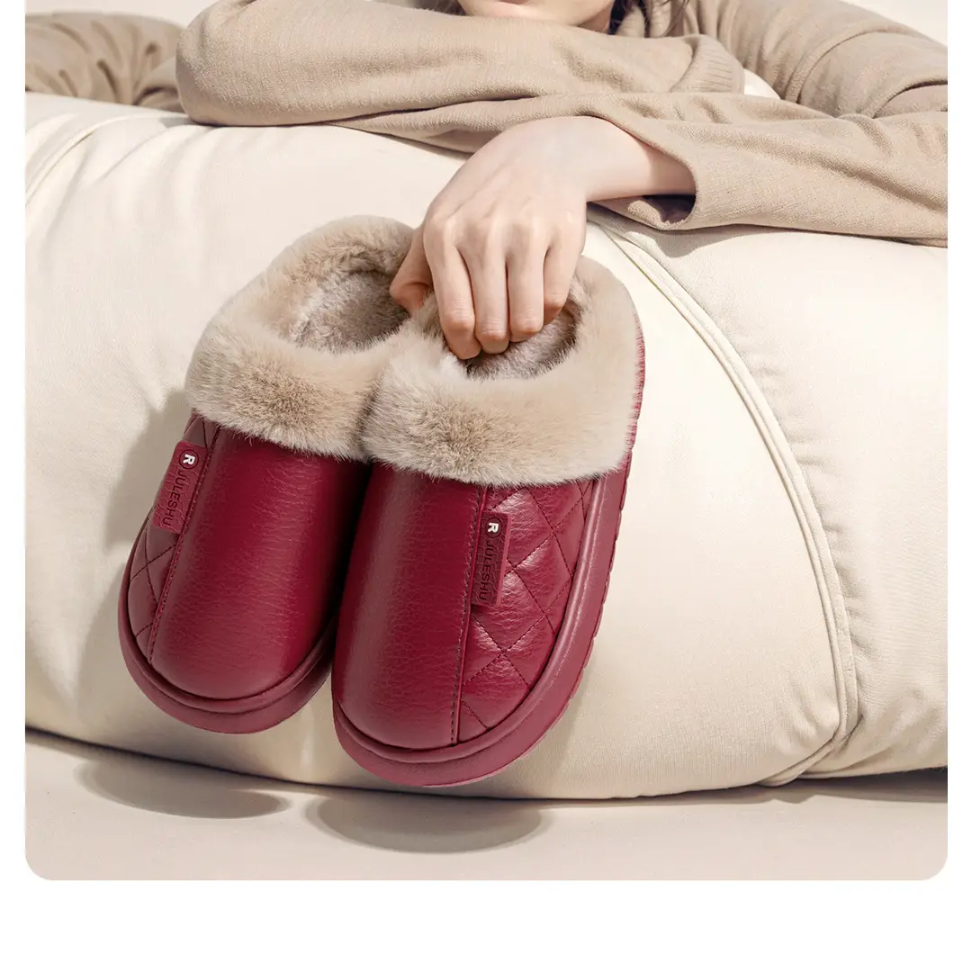 Waterproof Elderly Cotton Slippers for Women in Autumn and Winter, Non-Slip 2026 New Model Indoor Home Warm Pu Leather Slippers for Men in Winter — feature 11
