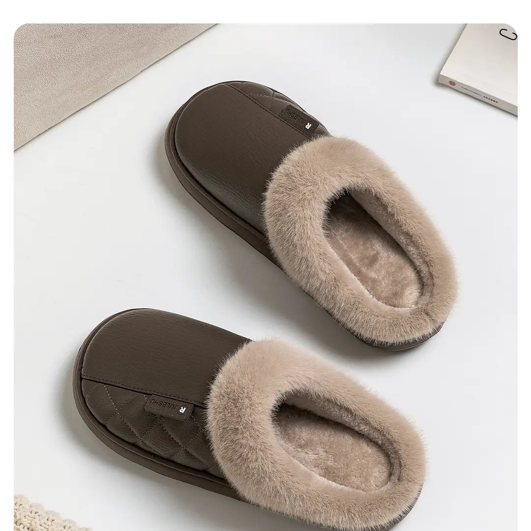 Waterproof Elderly Cotton Slippers for Women in Autumn and Winter, Non-Slip 2026 New Model Indoor Home Warm Pu Leather Slippers for Men in Winter — feature 3