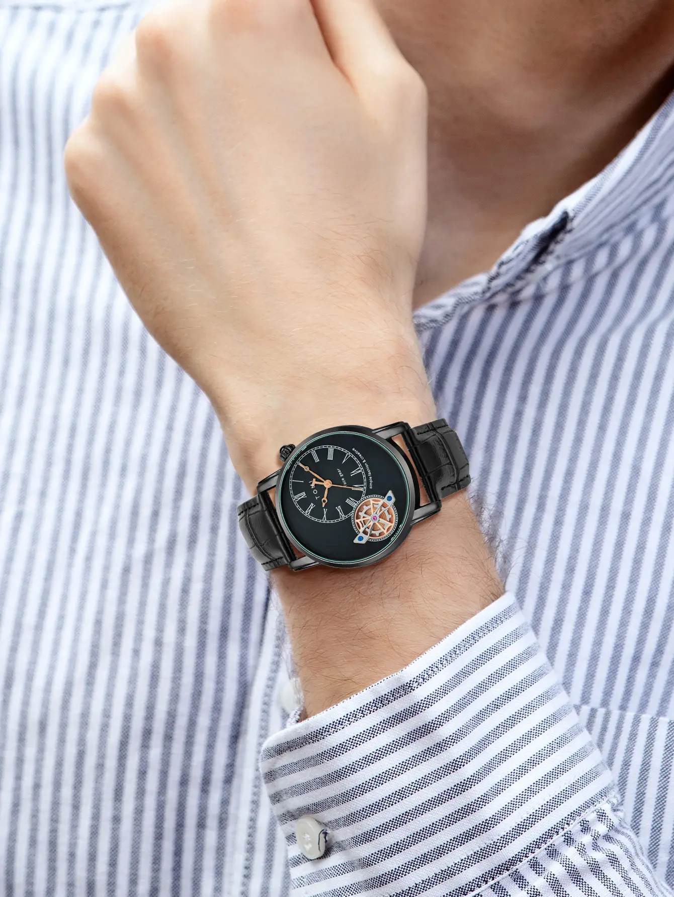 Men's European-style Quartz Watch with Hollow Glass Display — feature 9