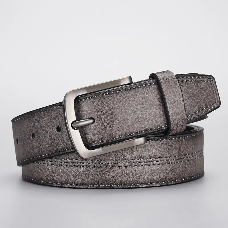 Men's Navy Leather Belt with Silver Buckle