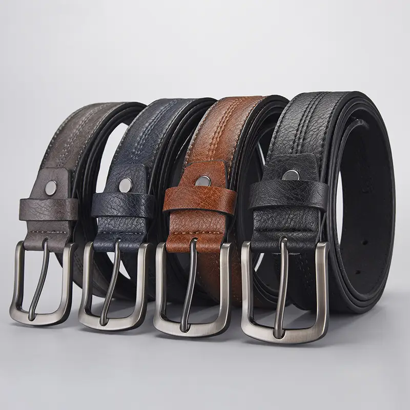 Men's Navy Leather Belt with Silver Buckle
