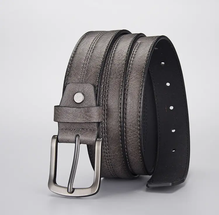 Men's Navy Leather Belt with Silver Buckle — feature 1