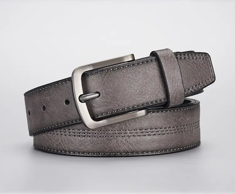 Men's Navy Leather Belt with Silver Buckle — feature 3