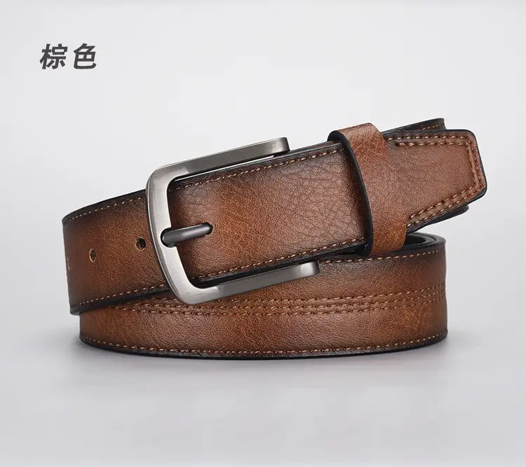 Men's Navy Leather Belt with Silver Buckle — feature 4