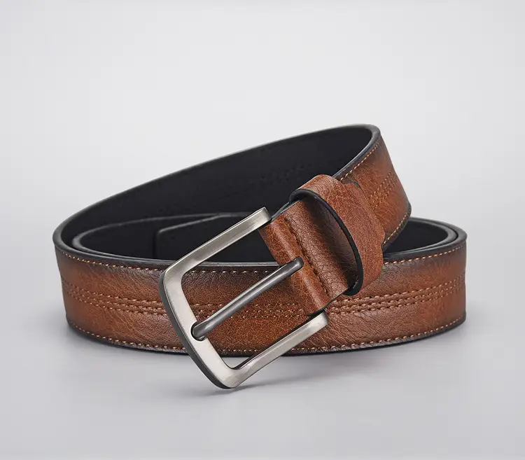 Men's Navy Leather Belt with Silver Buckle — feature 5