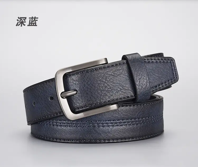 Men's Navy Leather Belt with Silver Buckle — feature 6